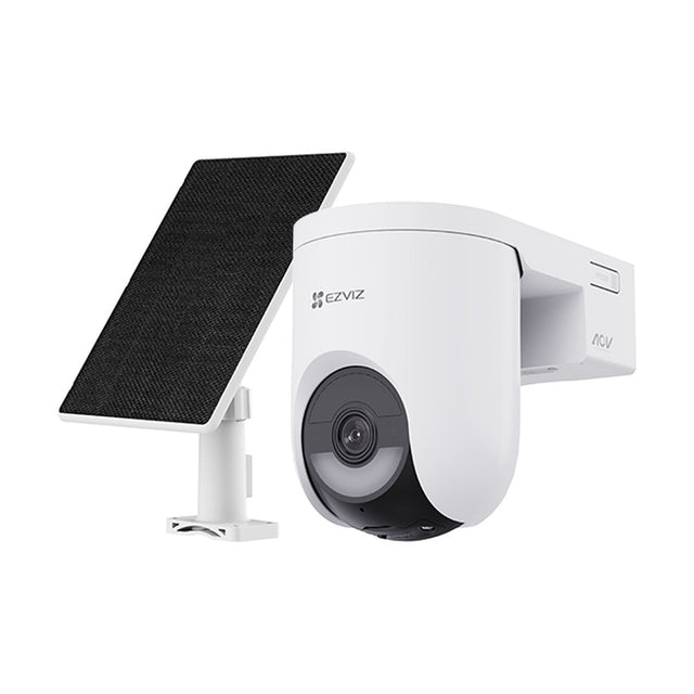 EZVIZ HB8 Lite 2K+ Battery Pan & Tilt WiFi Camera, shown with optional solar panel